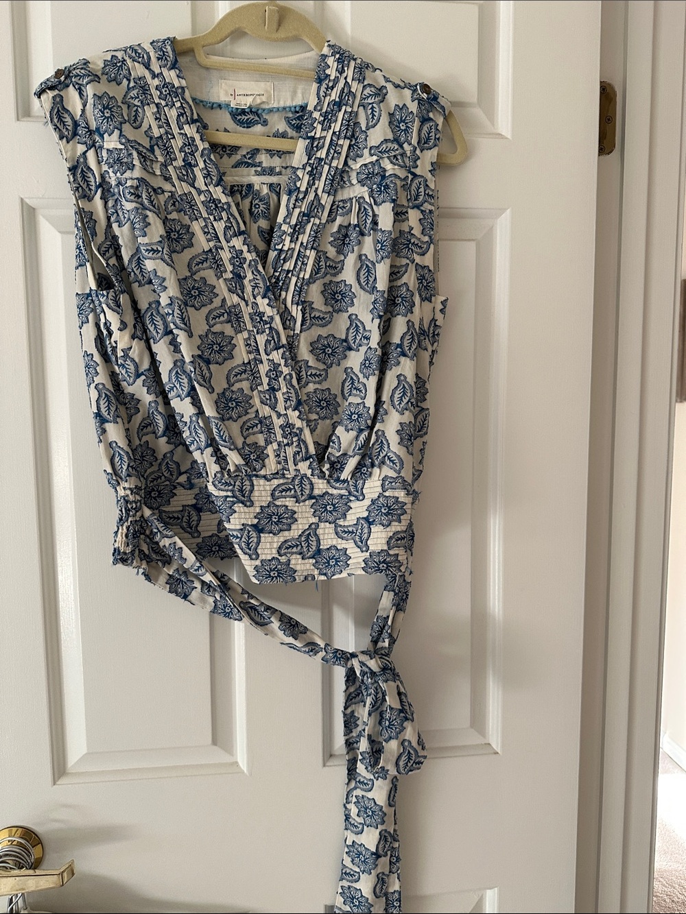 Anthropologie White & Blue Floral Faux Wrap Blouse